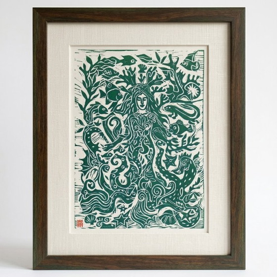 Image 1 of Estampe linogravure représentant une déesse de la nature, déesse bleue, style bohème, décoration murale A3