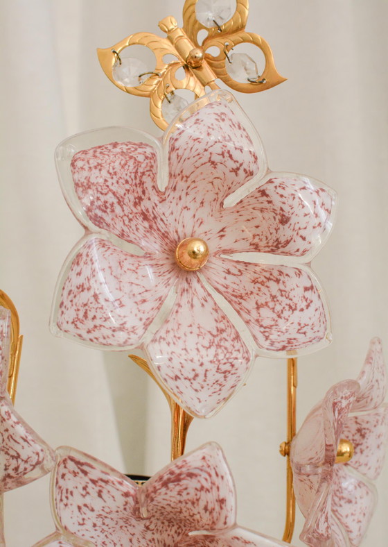A Pair of Vintage Pink Murano Glass Flower Table Lamps, Italy, 1970s – Gold, Italian Design (photo 4 of 10)