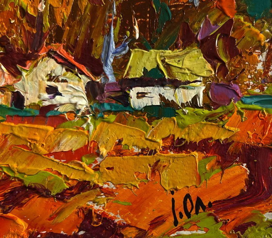 Image 1 of Original Oil Painting Evening Field Landscape Crimson autumn in the village