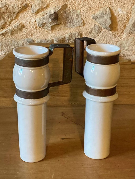 Schokoladenkannen im Bistro-Stil aus feuerfestem Porzellan mit Kupfergriffen, Ende des 19. Jahrhunderts