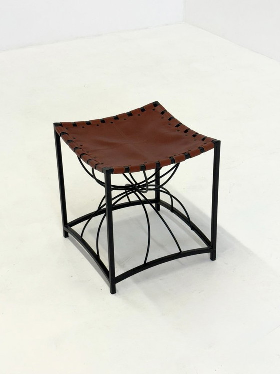 Image 1 of French elegant vintage stool with black metal and brown leather