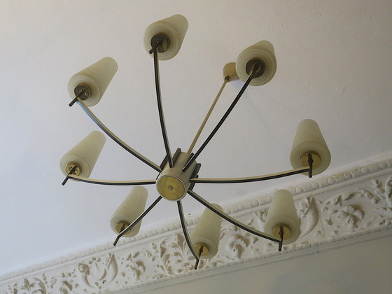 Image 1 of Lampadario italiano in ottone e vetro artistico, anni '70