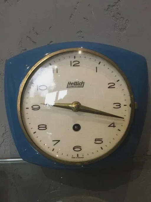 Orologio da parete Hettich Schwenningen, cassa blu turchese, anni '50-'60