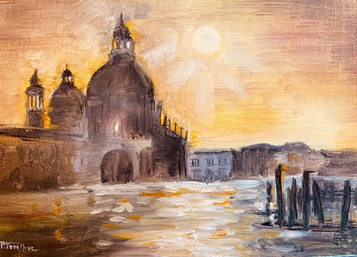 Signed oil painting on canvas, Venice landscape "Santa Maria" at sunset