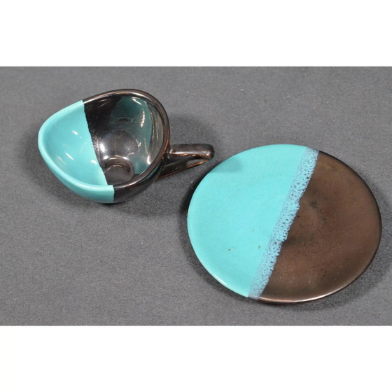 Mid 20th Century Vallauris – Black and Turquoise Blue Faience Coffee Set - 15 pcs – Crockery (photo 16 of 18)