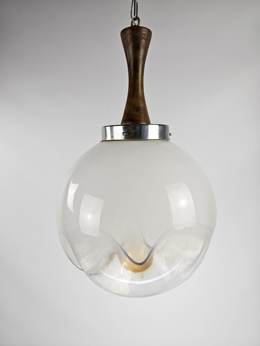 Lampe pendante italienne en verre et bois