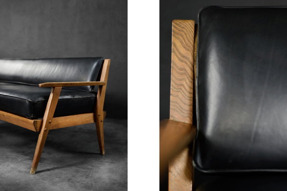 Image 1 of Divano vintage in rovere e pelle nera, stile tedesco moderno di metà secolo, anni '60