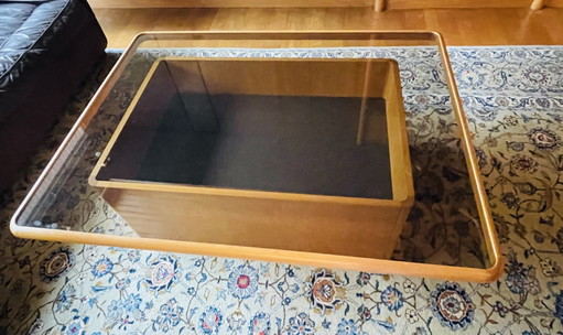 Exclusieve XL Mid-Century Vitrine-Salontafel & Bijzettafel | Eik & Rookglas | Jaren '70 | In Topstaat – Wood