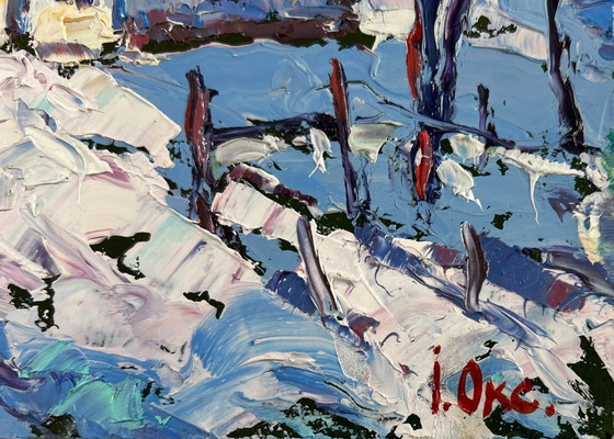 Image 1 of Original Oil Painting Winter Village Landscape The house sleeps in the snow