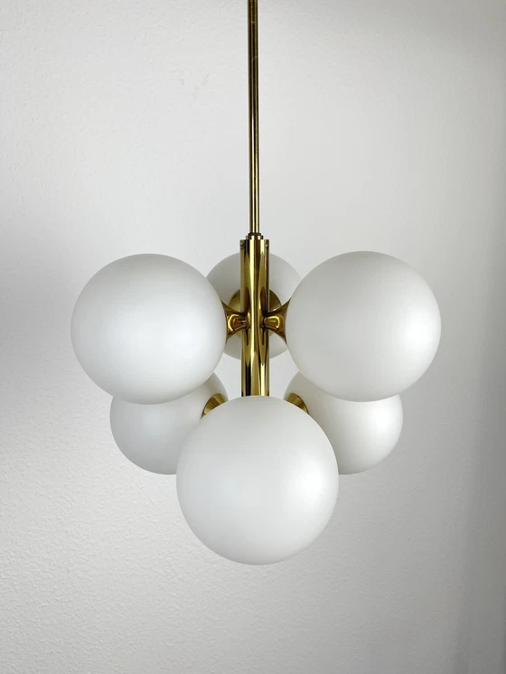 Image 1 of Kaiser Mid Century 6-voudige Spoetnik lamp messing glas jaren 60