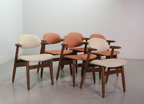 Image 1 of Authentic Cowhorn Tijsseling Dining Chairs with the Original Fabric Upholstery by Hulmefa. Set of 6. The Netherlands, 1960s.