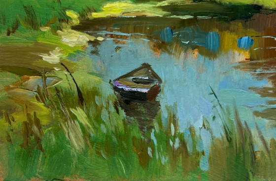 Image 1 of Original Oil Painting Summer River Landscape Summer in green banks