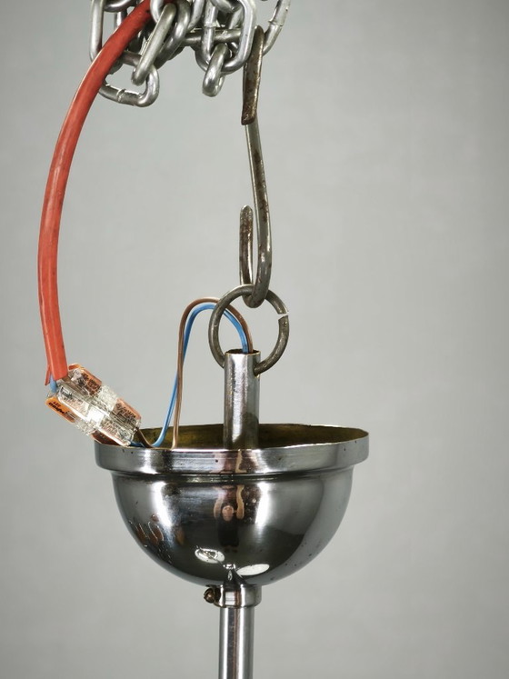 1930s Art Deco Chrome and Opaline Glass Two-Light Chandelier, Czechoslovakia, Metal, Silver (photo 9 of 10)
