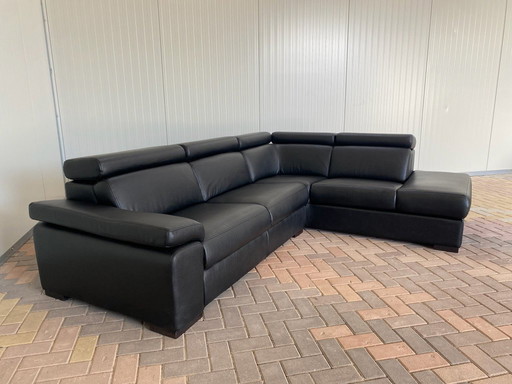 Schwarzes Ecksofa aus echtem Leder mit Chaise Lounge