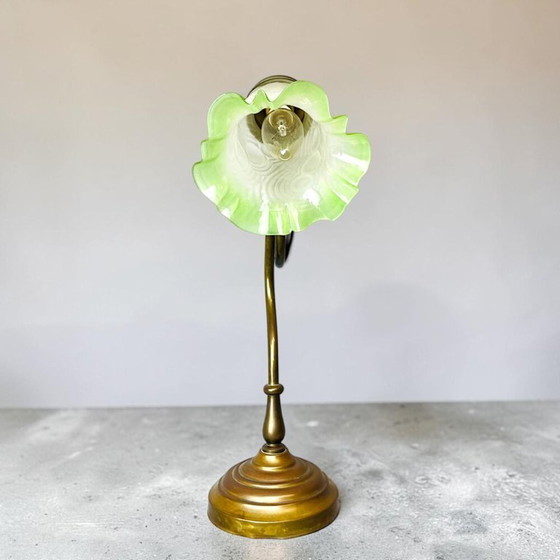Art Nouveau Inspired Curved Brass Green Tulip Glass Table Lamp (photo 4 of 14)