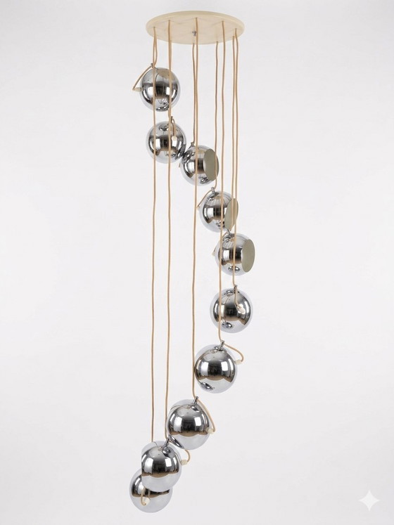 Image 1 of Large XXL Space Age cascade pendant light, 10 chrome globes, Reggiani style – 1970s