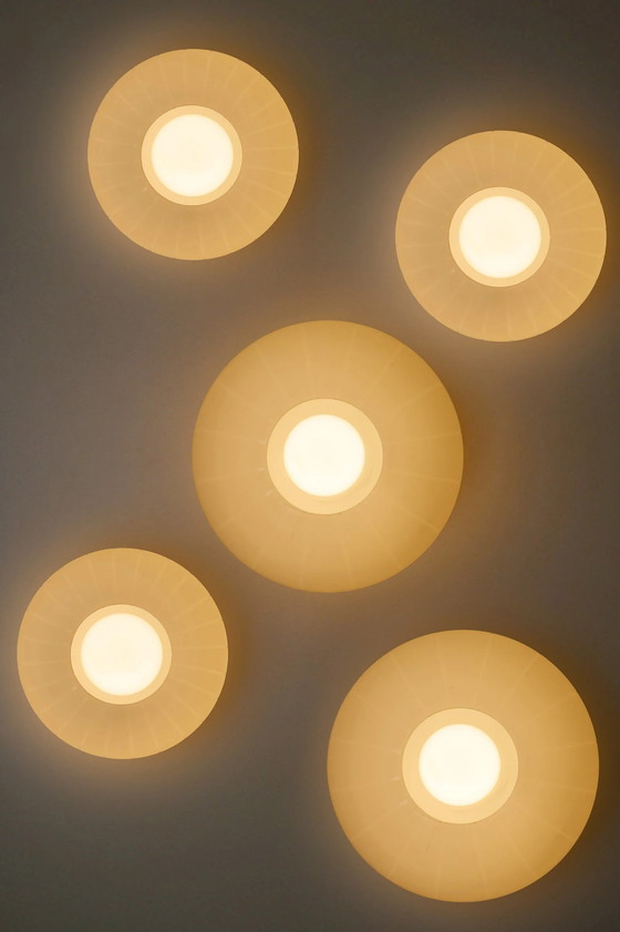 Large Striped Opaline Glass Flush Mount Ceiling Light, Metal, White (photo 2 of 11)