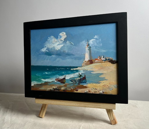 Peinture à l'huile originale, paysage marin d'été, bateaux au phare