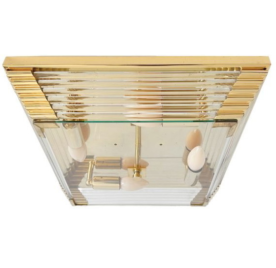 Image 1 of Lámpara de araña cuadrada de mediados de siglo, de cristal y latón, estilo Hollywood Regency, década de 1970