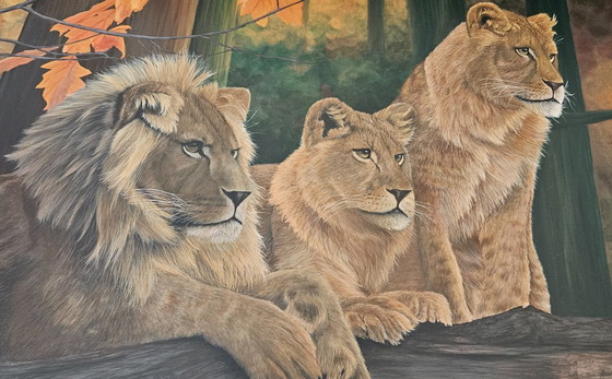 Image 1 of Large handmade acrylic painting of lions "Lion's Harmony"