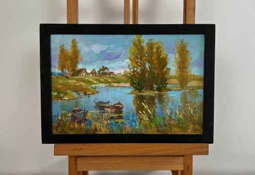 Origineel olieverfschilderij: Kustdorplandschap - Er stroomt een rivier vlakbij het dorp.