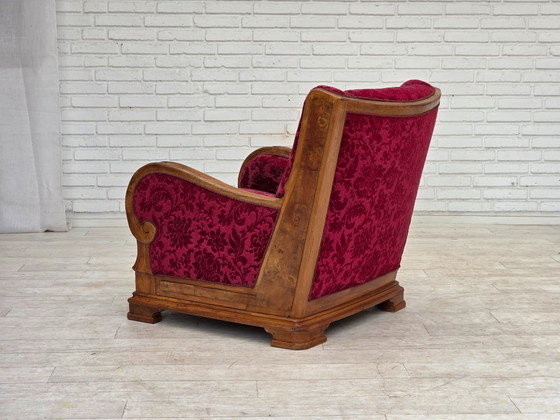 Image 1 of Anni '50, poltrona relax danese, velluto rosso per mobili, legno di quercia.