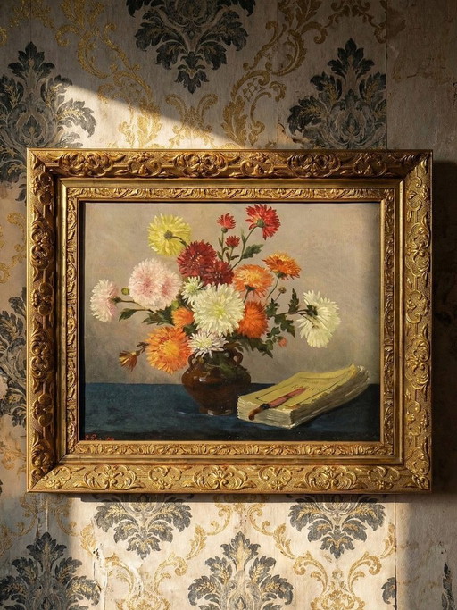 Oil painting on canvas, still life with chrysanthemums, signed L. Porte 1888