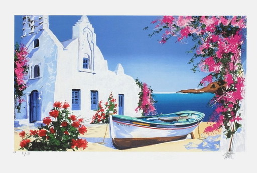 André BONGIBAULT Grèce - barca sur la plage Litografia firmata