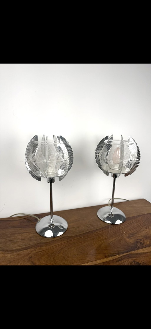 Paar Vintage Globo Pollux Tafellampen, Festoon Stijl, Verchroomd, Paul Secon Design, Space Age, Mid-Century