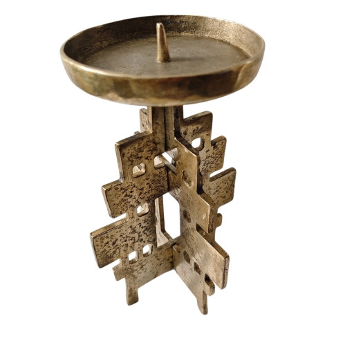 Vintage Brutalist Messing Prikkandelaar - Mid-Century Modern Geometrische Kandelaar (22 cm)