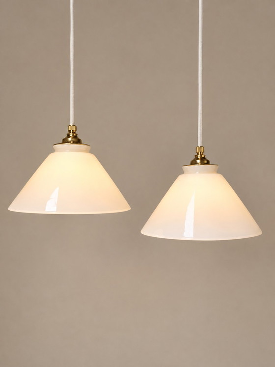 Vintage Set of Two White Glass Industrial Pendant Lights – Pendant lamps (photo 3 of 7)