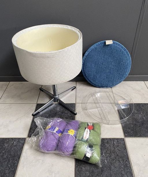 Sewing box on chroom foot, white skai and blue gabric 1960s