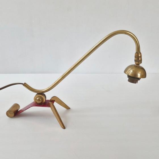 Image 1 of Vintage 1950s Adjustable Table Lamp, Brass and Steel, Red Lacquered, 1950s