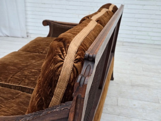 Image 1 of 1930-35s, Danish 3-seater sofa, furniture velour, furniture mesh, carved ash wood.