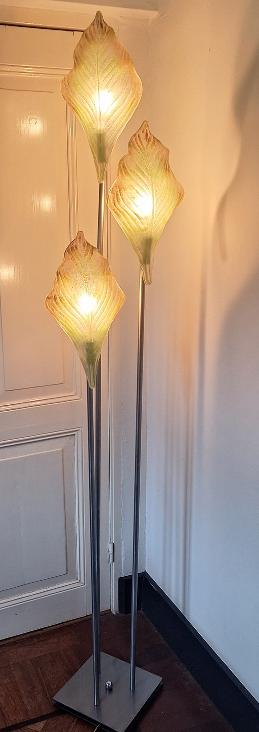 Lampada da terra con paralumi in vetro di Murano a forma di foglia, anni '90
