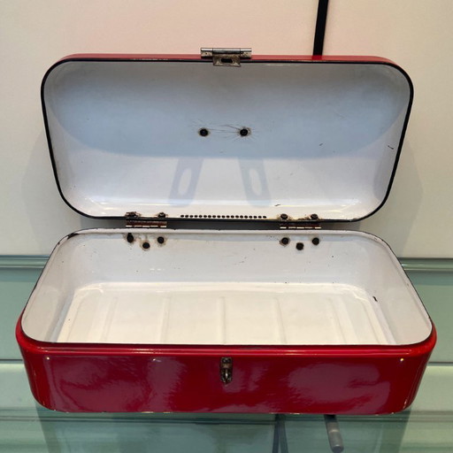 Scatola per il pane vintage olandese in smalto rosso, anno 1950