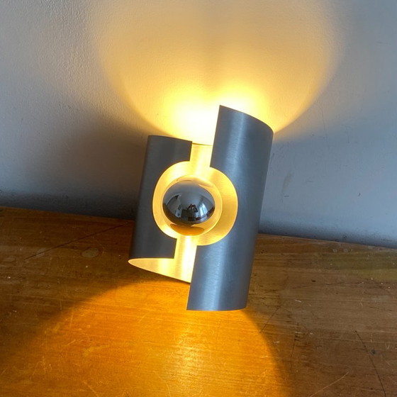 Pair of Oxar Wall lights. 1970. Brushed stainless steel., Metal, Silver (photo 3 of 7)