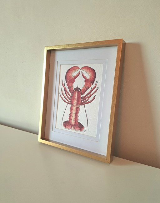 Watercolor painting of Lobster | Gold-colored frame