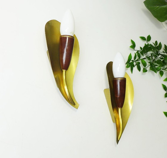 Coppia di Applique 'Foglia' anni '50 '60 Kaiser-Leuchten Ottone Bachelite (photo 6 of 9)