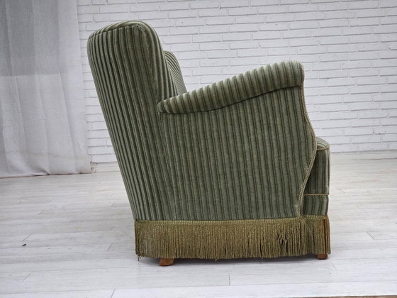 Image 1 of 1960s, Danish 3-seater sofa, original green furniture velour, oak wood.