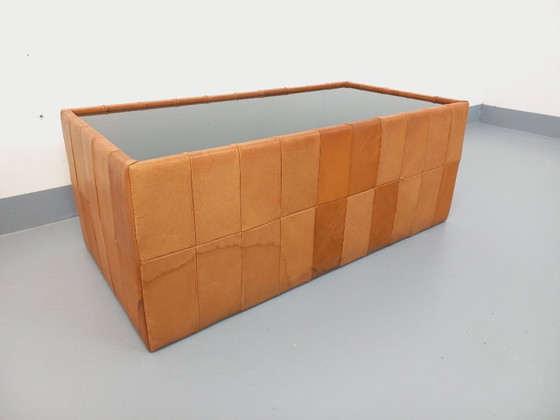 Image 1 of Vintage Swiss rectangular coffee table by De Sede in smoked glass and leather from the 1970s