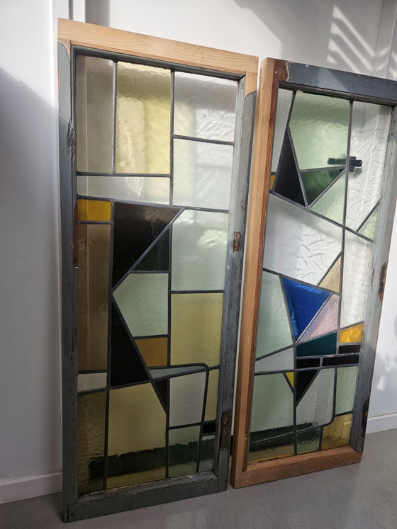 Set of antique Art Deco stained glass windows 50x130 cm., Decorative Objects, Metal, Wood, Multi Color (photo 8 of 14)