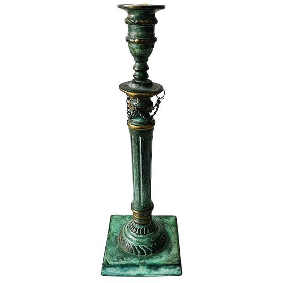 Image 1 of Antique bronze candlestick green patina 1900's
