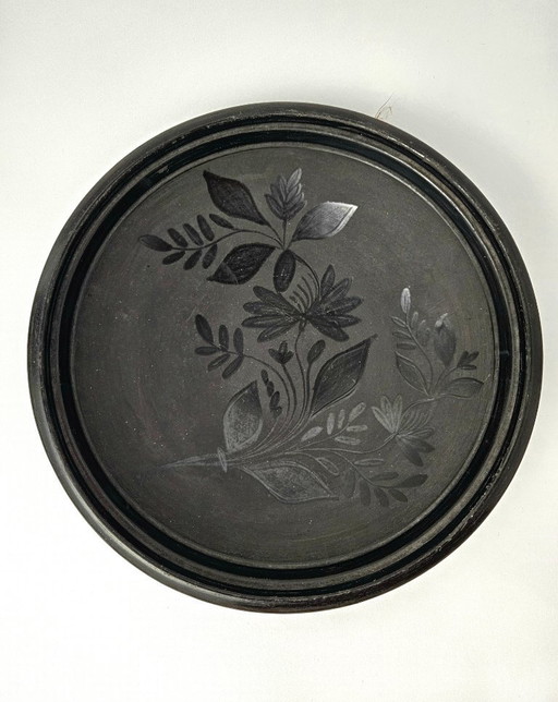 Unique Vintage Handmade Hungarian BLACK CERAMIC Hanging Wall Plate From Nadudvar | Signed at the bottom by Jr. Lajos FAZEKAS
