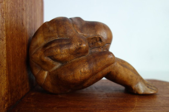 Image 1 of Vintage wooden bookends, weeping Buddha