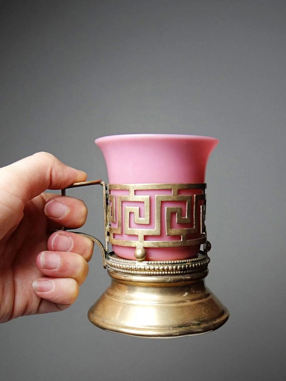 Antique pink opaline and gilded brass cup holder/candle holder, 19th century, Crystal, Glass (photo 4 of 14)