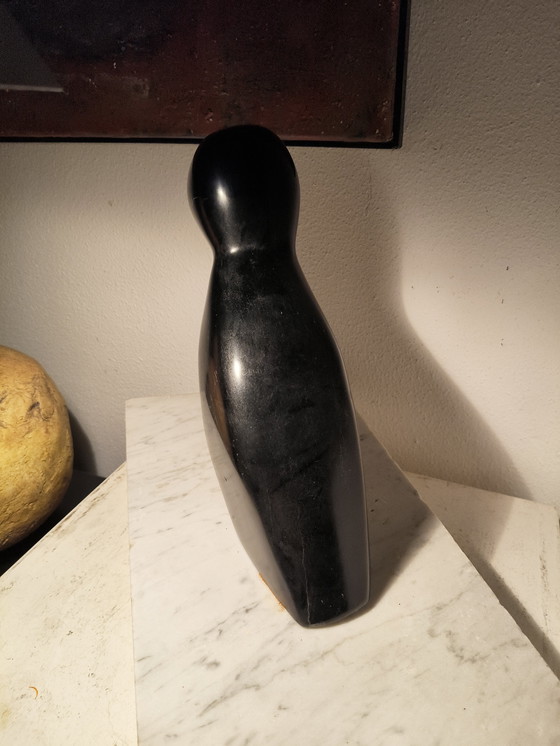 Image 1 of Vintage design modernist black marble sculpture of a stylized abstract bird on a white marble base