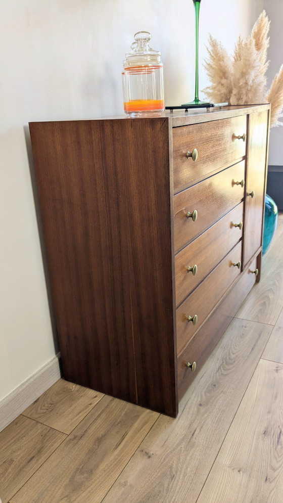 Image 1 of Vintage Scandinavian Wood and Brass Chest of Drawers