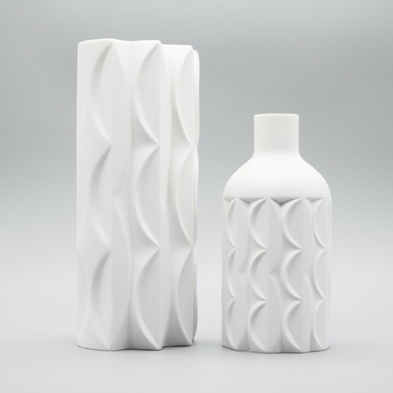 Image 1 of Retro Scherzer Werner Uhl Design Bisque Porcelain Bottle Vase Op-Art Relief DUO