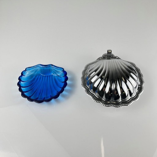 Silver-plated metal shell butter dish with blue insert, 1970